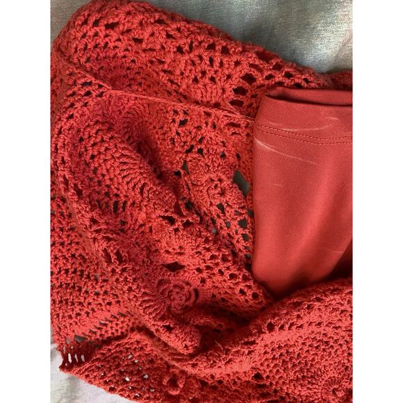 Vintage Y2K Does 70s Red Dress Crochet Trim Bell Sleeve Knit Mini Sz XL Boho - Picture 8 of 8